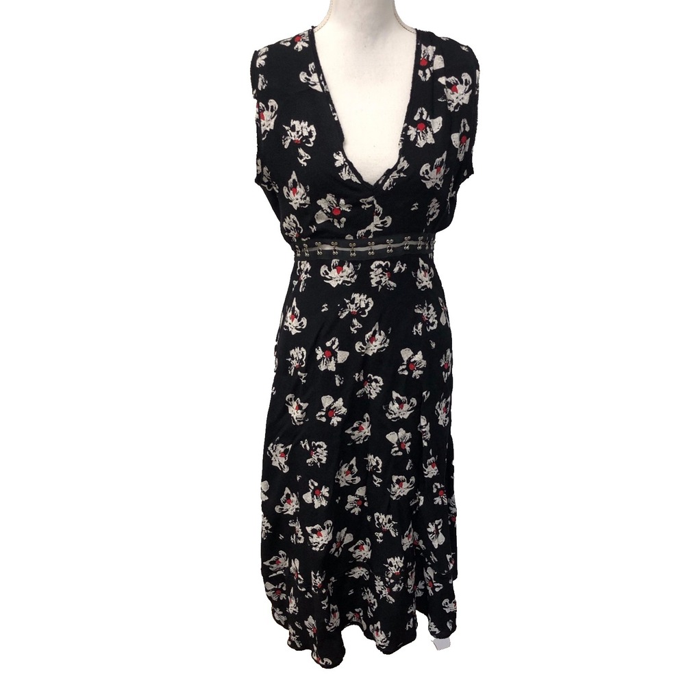 Proenza Schouler Hook And Eye Midi Dress V Neck Womens 8 Black White Floral New